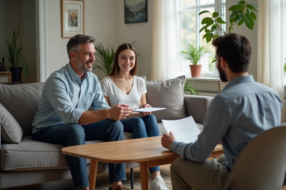 Propriétaire remet un contrat signé à un locataire dans un appartement accueillant