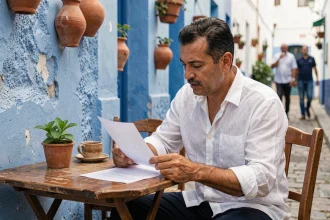 Homme marocain examinant un contrat de location longue durée dans un café de la médina d'Essaouira