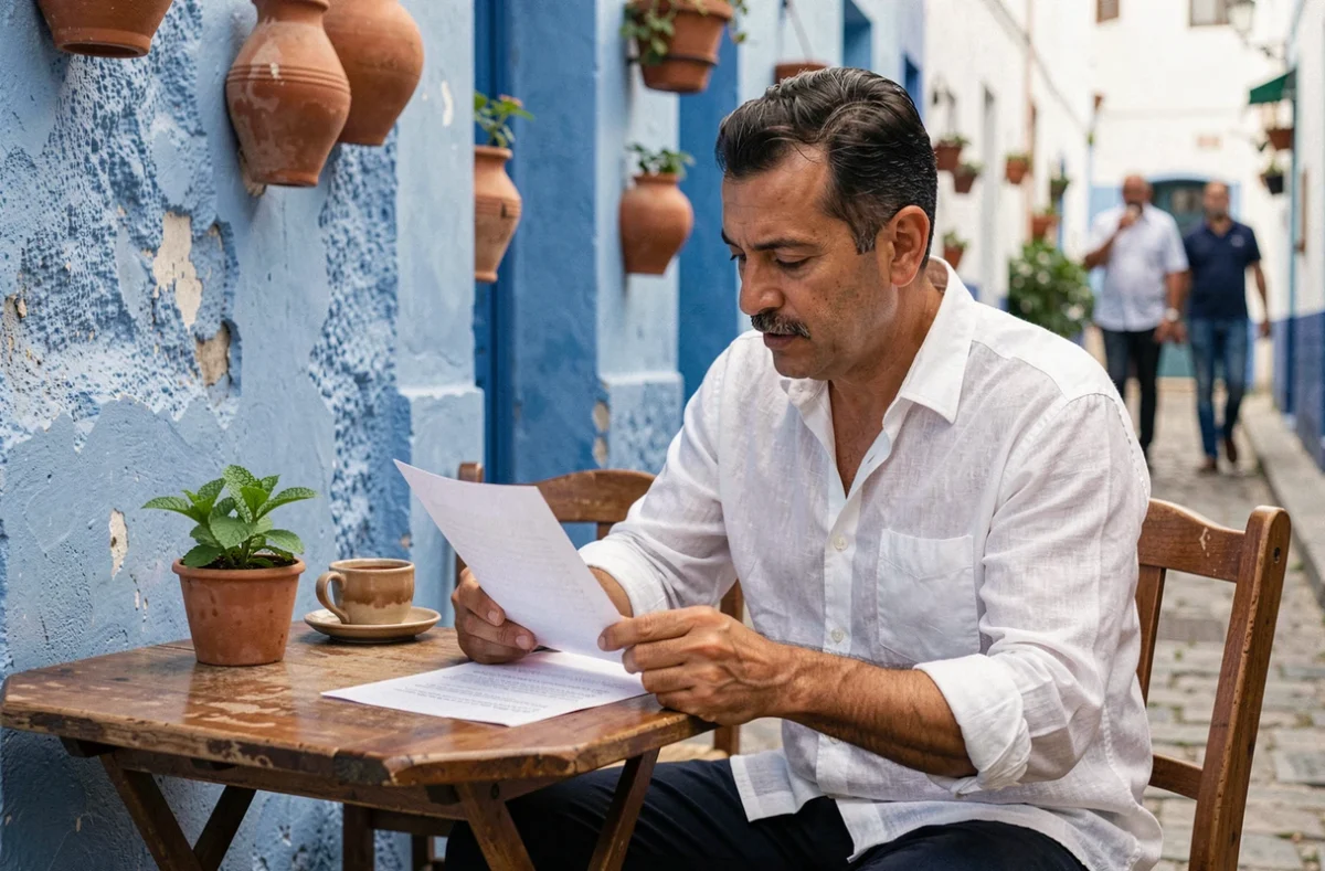 Homme marocain examinant un contrat de location longue durée dans un café de la médina d'Essaouira