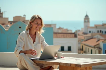 Femme expatriée travaillant sur son ordinateur depuis une terrasse à Essaouira avec vue sur la médina et l'océan Atlantique