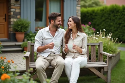 Couple profitant d'un jardin de maison en location abordable avec terrasse en bois et massifs fleuris