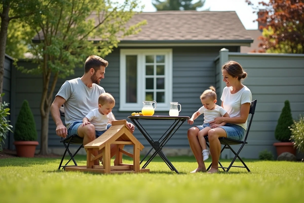 Famille profitant du jardin d'une maison locative abordable avec enfant, table de jardin et pelouse entretenue