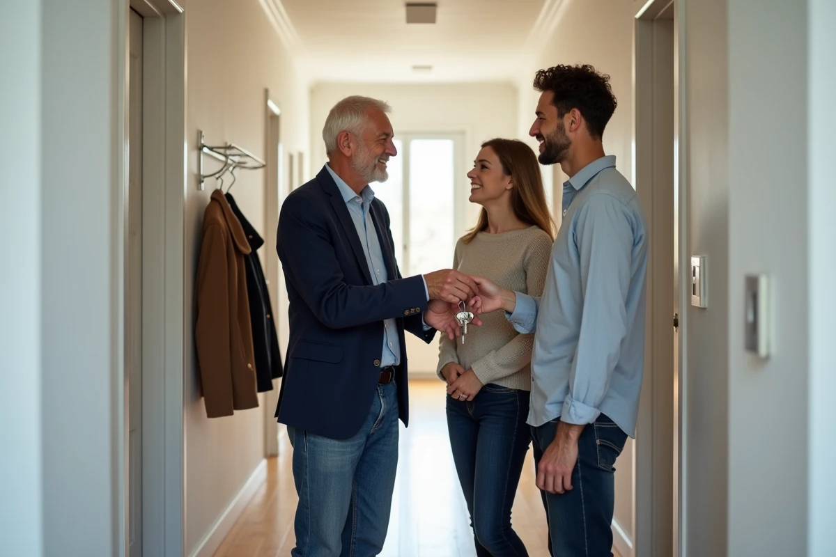 Agent immobilier remettant les clés à un jeune couple dans un appartement rénové