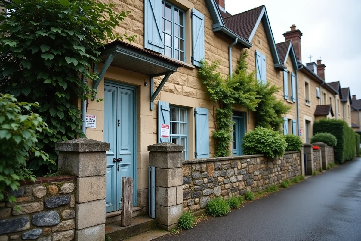 Maison familiale en pierre en indivision avec un panneau de partage successoral, illustration d'un bien immobilier en conflit entre héritiers