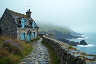 Petite maison de pêcheur en pierre de granit sur le bord de mer en Bretagne, avec volets bleus et côte rocheuse brumeuse en arrière-plan