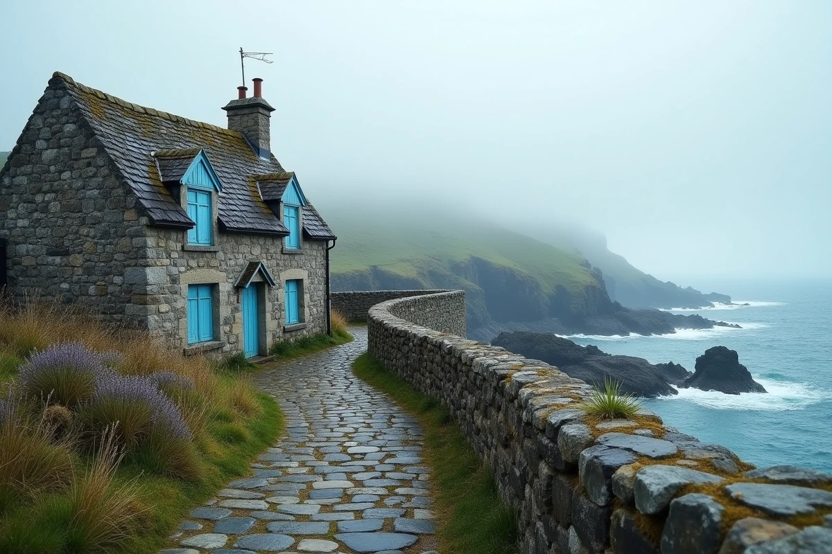 Petite maison de pêcheur en pierre de granit sur le bord de mer en Bretagne, avec volets bleus et côte rocheuse brumeuse en arrière-plan