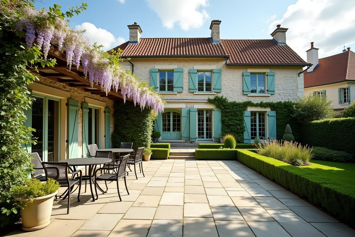 Vue extérieure d'une maison française avec terrasse aménagée illustrant l'impact sur la valeur immobilière