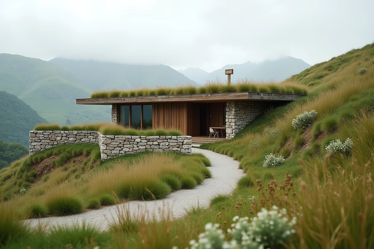 Maison en pierre et bois construite dans une colline en zone naturelle protégée avec toit végétalisé