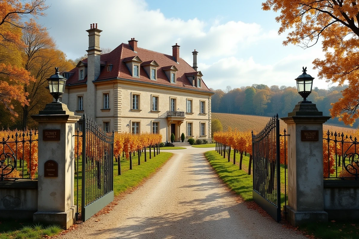 Propriété viticole bordelaise avec manoir en pierre et vignes en automne, mise en vente pour reprise familiale