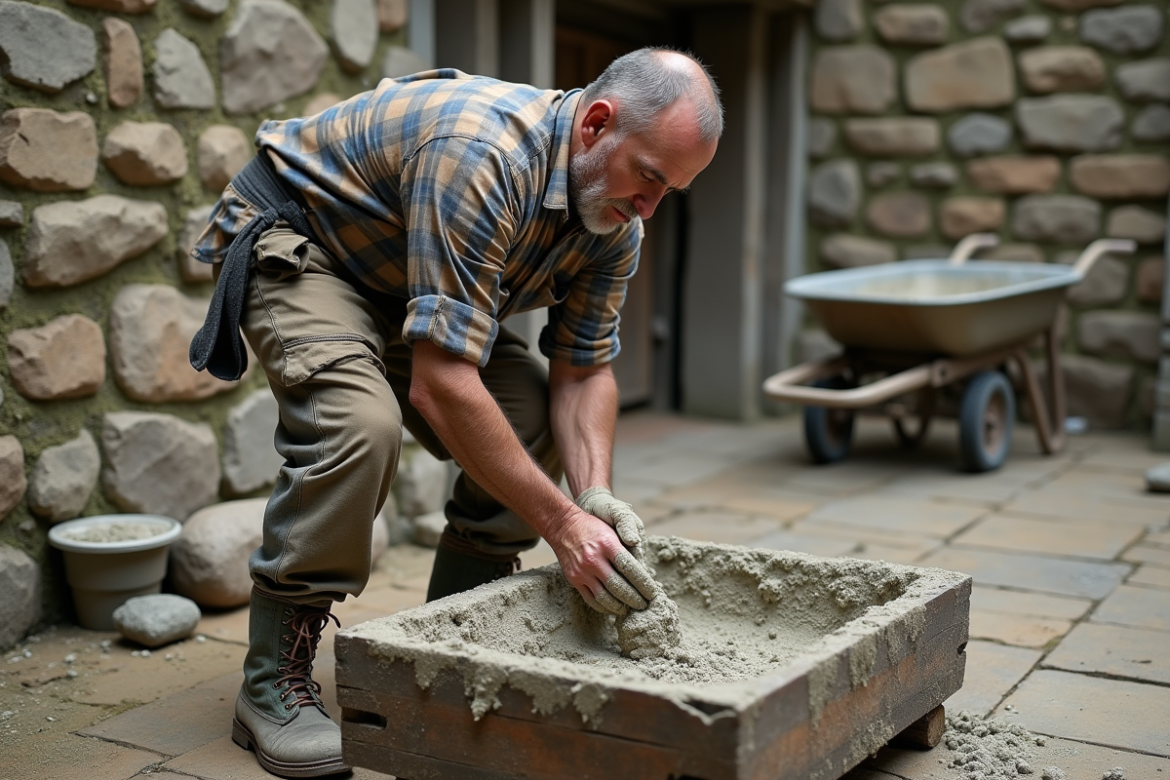 Maçon d'âge moyen mélangeant lime mortier à la main dans une cour rurale