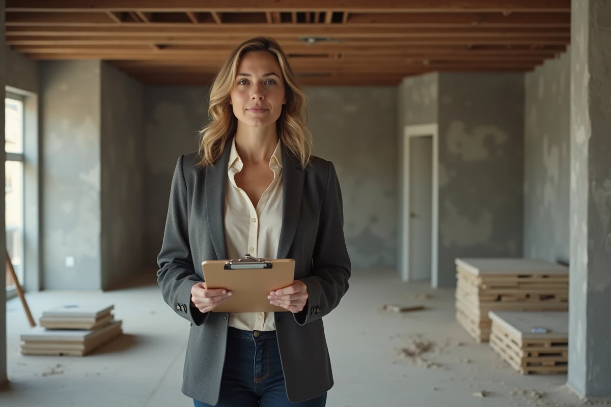 Professionnelle de l'immobilier inspectant un appartement en cours de rénovation pour estimer les marges de revente et la TVA applicable