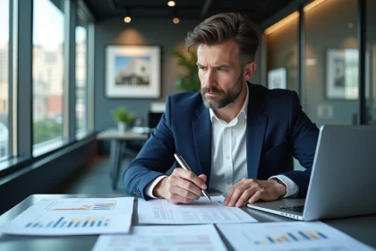 Marchand de bien analysant des documents fiscaux liés à la TVA immobilière dans un bureau moderne