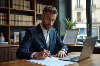 Marchand de biens analysant des documents fiscaux et des tableaux de TVA dans un bureau professionnel parisien