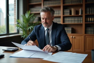 Marchand de biens consultant des documents notariés et un plan de financement immobilier dans un bureau professionnel