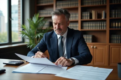 Marchand de biens consultant des documents notariés et un plan de financement immobilier dans un bureau professionnel