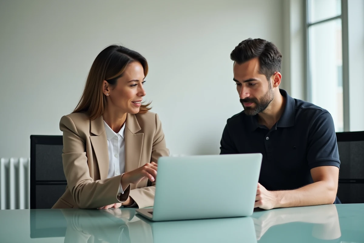 Mentor et nouveau conseiller IAD révisant ensemble les réglages de l'intranet lors d'une session d'intégration en salle de réunion