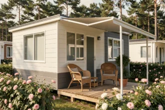 Mobil home moderne dans un camping 4 étoiles avec terrasse en bois et haies fleuries, illustrant la location à l'année