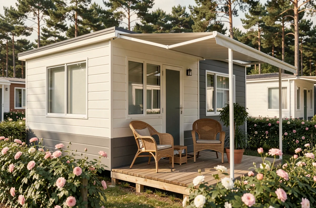 Mobil home moderne dans un camping 4 étoiles avec terrasse en bois et haies fleuries, illustrant la location à l'année