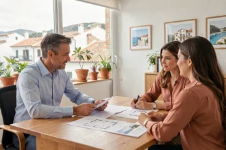 Agent immobilier local négociant le prix d'un appartement à Rosas en Espagne avec un couple d'acheteurs autour d'un bureau avec des documents immobiliers