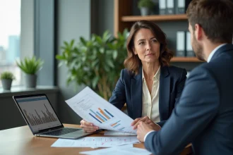 Une femme professionnelle négocie le prix d'un bien immobilier avec un agent dans une agence moderne, documents et graphiques de prix sur la table