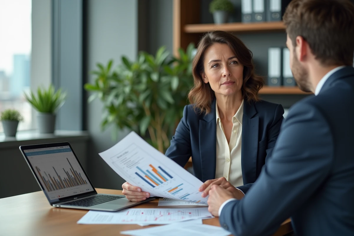 Une femme professionnelle négocie le prix d'un bien immobilier avec un agent dans une agence moderne, documents et graphiques de prix sur la table