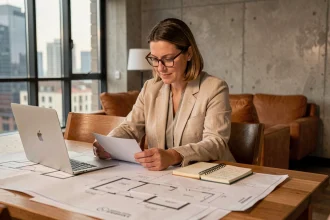 Femme consultant des plans architecturaux et un budget immobilier sur une table en bois dans un appartement moderne