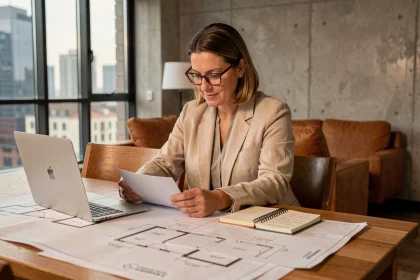 Femme consultant des plans architecturaux et un budget immobilier sur une table en bois dans un appartement moderne