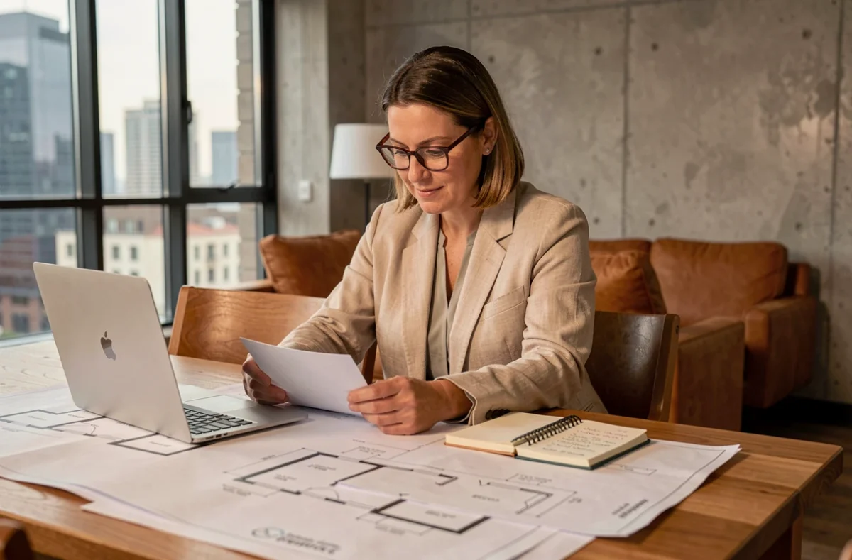 Femme consultant des plans architecturaux et un budget immobilier sur une table en bois dans un appartement moderne
