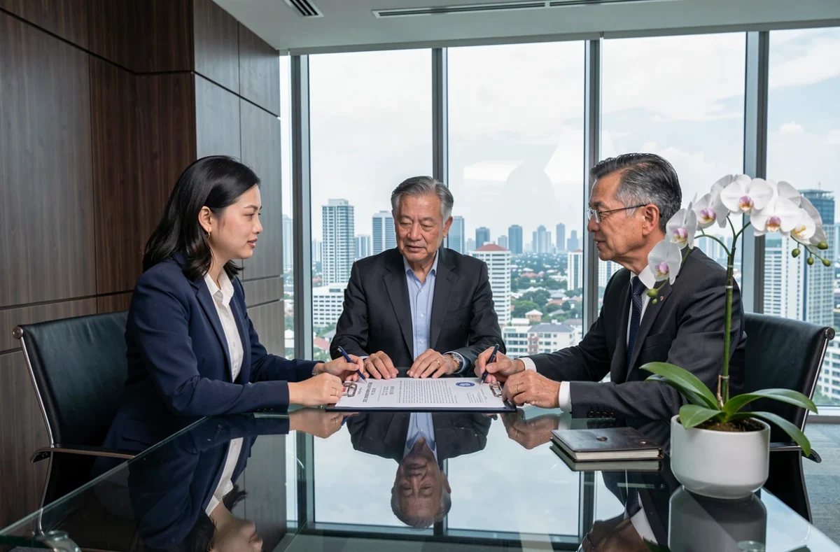 Notaire thaïlandaise et couple européen signant un acte de propriété dans un cabinet juridique de Bangkok
