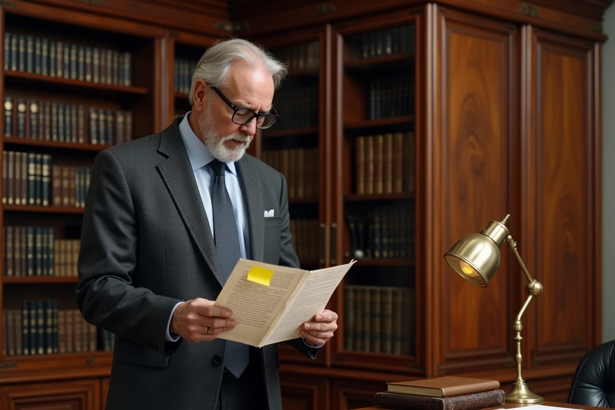 Notaire comparant deux versions d'un pré-état daté vierge dans un cabinet traditionnel