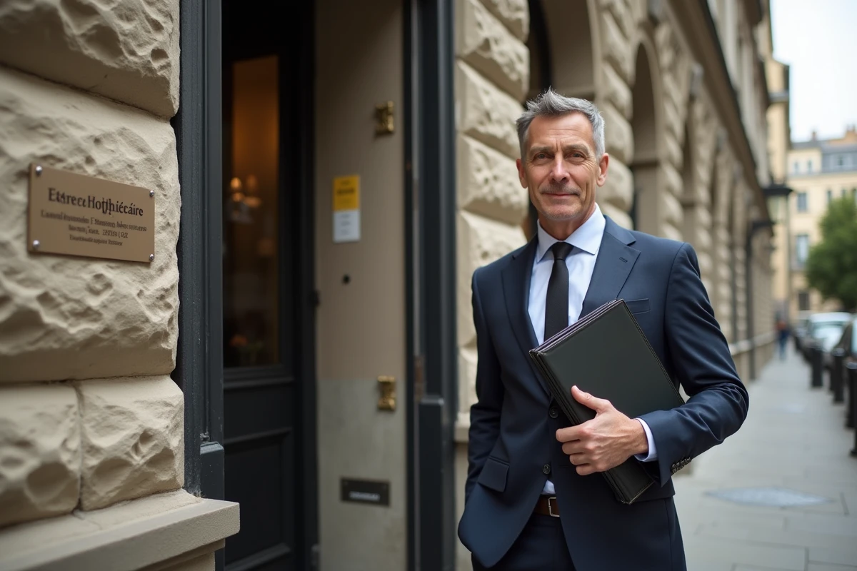 Homme en costume devant un bâtiment notarial ancien