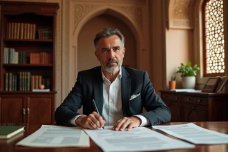 Notaire marocain examinant des documents officiels pour la vente d'un appartement à Marrakech