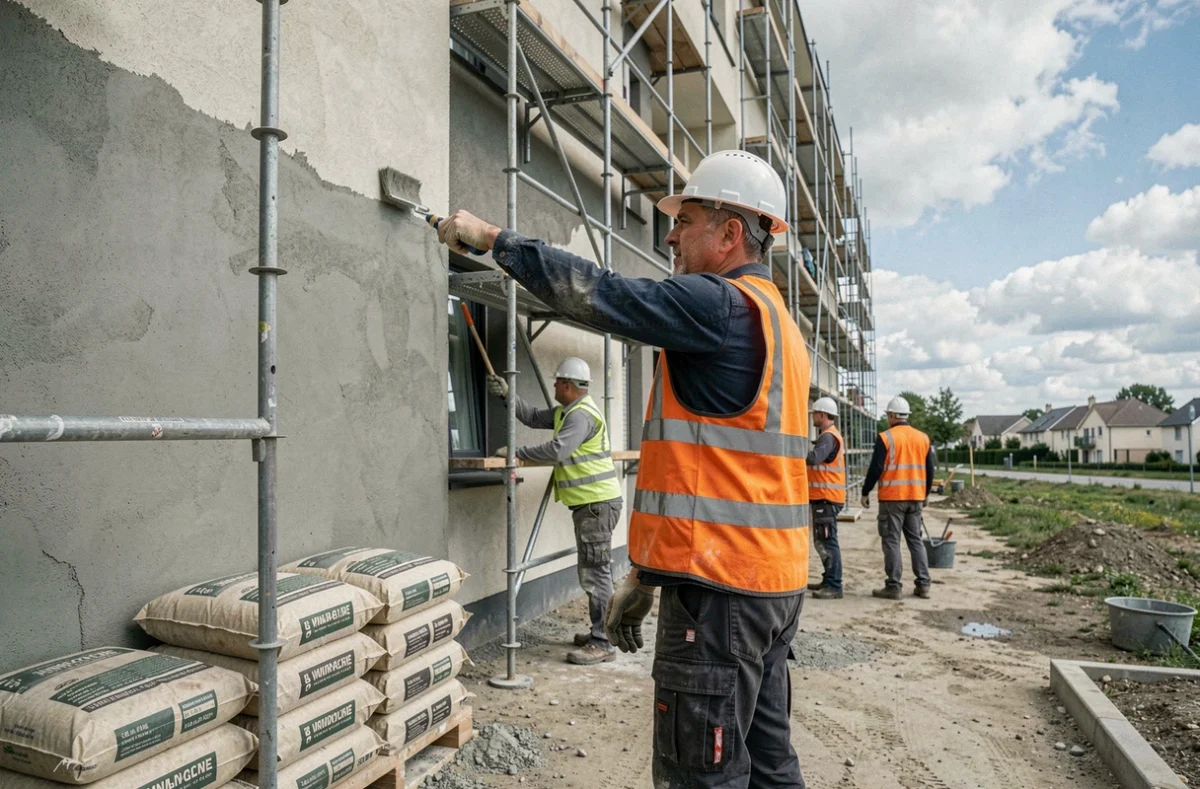 Un chef de chantier de Noveo Travaux supervisant l'application d'un enduit isolant sur un immeuble résidentiel en Gironde