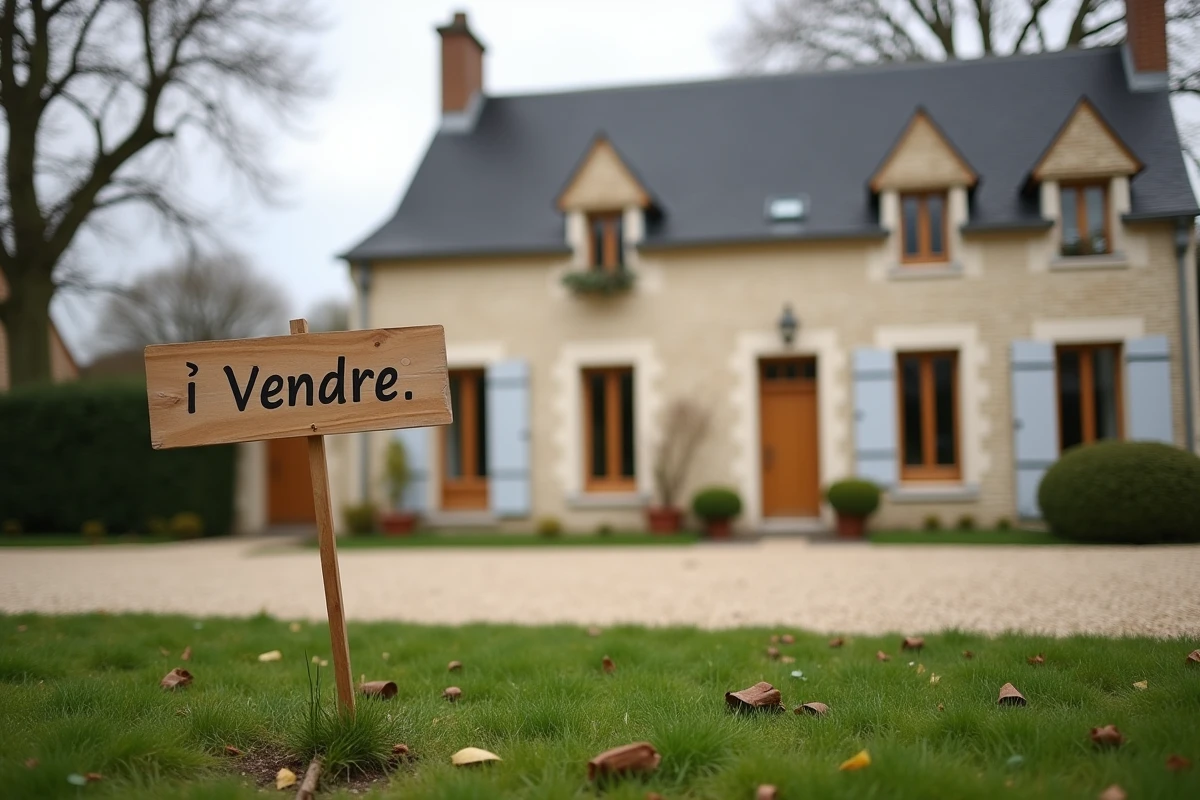 Panneau À Vendre devant une maison traditionnelle en brique dans un village de l'Oise en vente urgente suite à un divorce