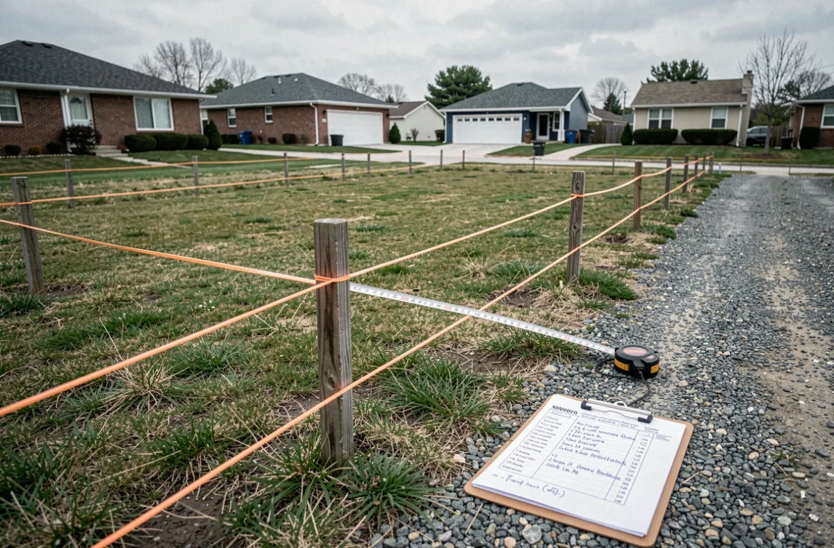 Parcelle de terrain délimitée avec ruban de mesure dans un quartier résidentiel représentant 12 ares soit 1200 mètres carrés