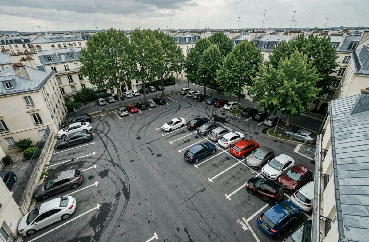 Vue aérienne d'un parking public à ciel ouvert dans le 20ème arrondissement de Paris proche de la rue Sorbier