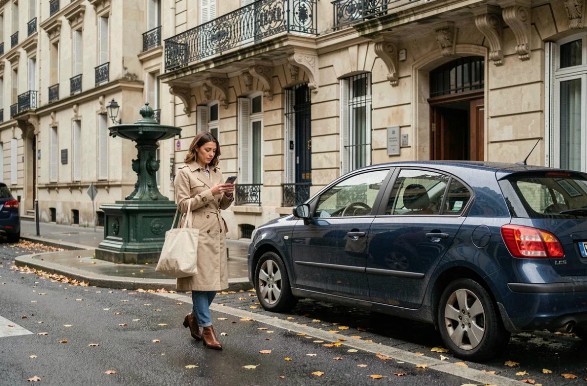 Femme marchant après avoir stationné sa voiture dans une rue calme du quartier Ménilmontant Paris 20ème