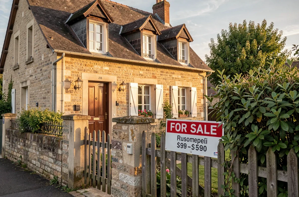 Petite maison avec panneau à vendre devant le portail du jardin