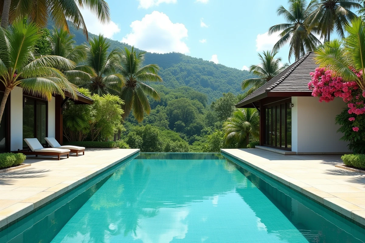 Piscine à débordement d'une villa de luxe en Thaïlande entourée de végétation tropicale et d'un pavillon en teck traditionnel