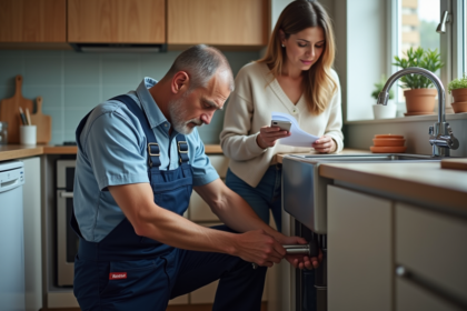 Plombier en action sous l'évier de cuisine avec une femme à côté