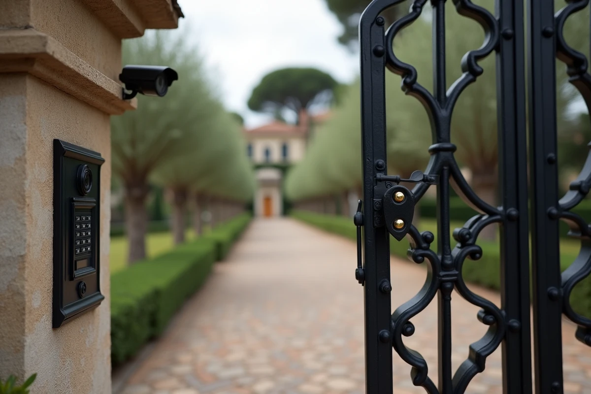 Portail sécurisé en fer forgé à l'entrée d'une villa de luxe sur la Riviera française avec caméra de surveillance