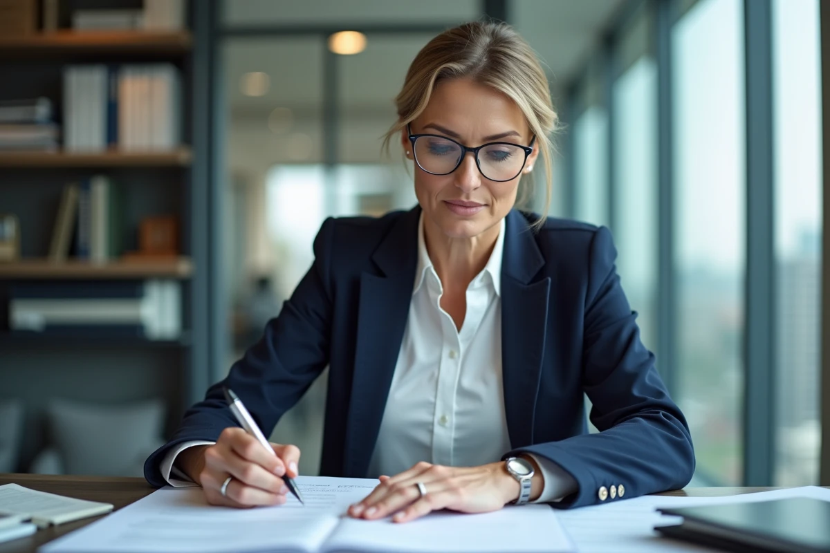 Professionnelle de l'immobilier révisant un pré-état daté sur son bureau dans une agence moderne