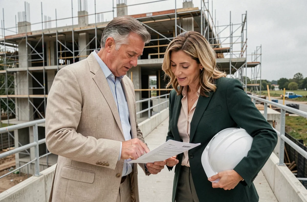 Deux professionnels du BTP consultant un marché privé intégrant l'indice BT47 sur un chantier de construction
