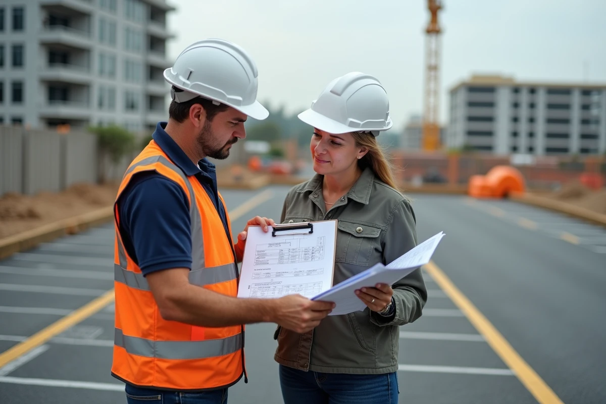 Deux professionnels du bâtiment discutant des dimensions de places de parking sur un chantier en plein air