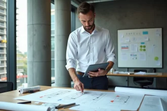Promoteur immobilier consultant un logiciel de gestion de projet sur tablette devant des plans architecturaux dans un bureau moderne avec vue sur chantier
