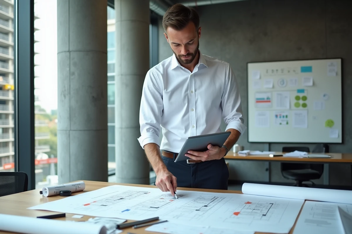 Promoteur immobilier consultant un logiciel de gestion de projet sur tablette devant des plans architecturaux dans un bureau moderne avec vue sur chantier