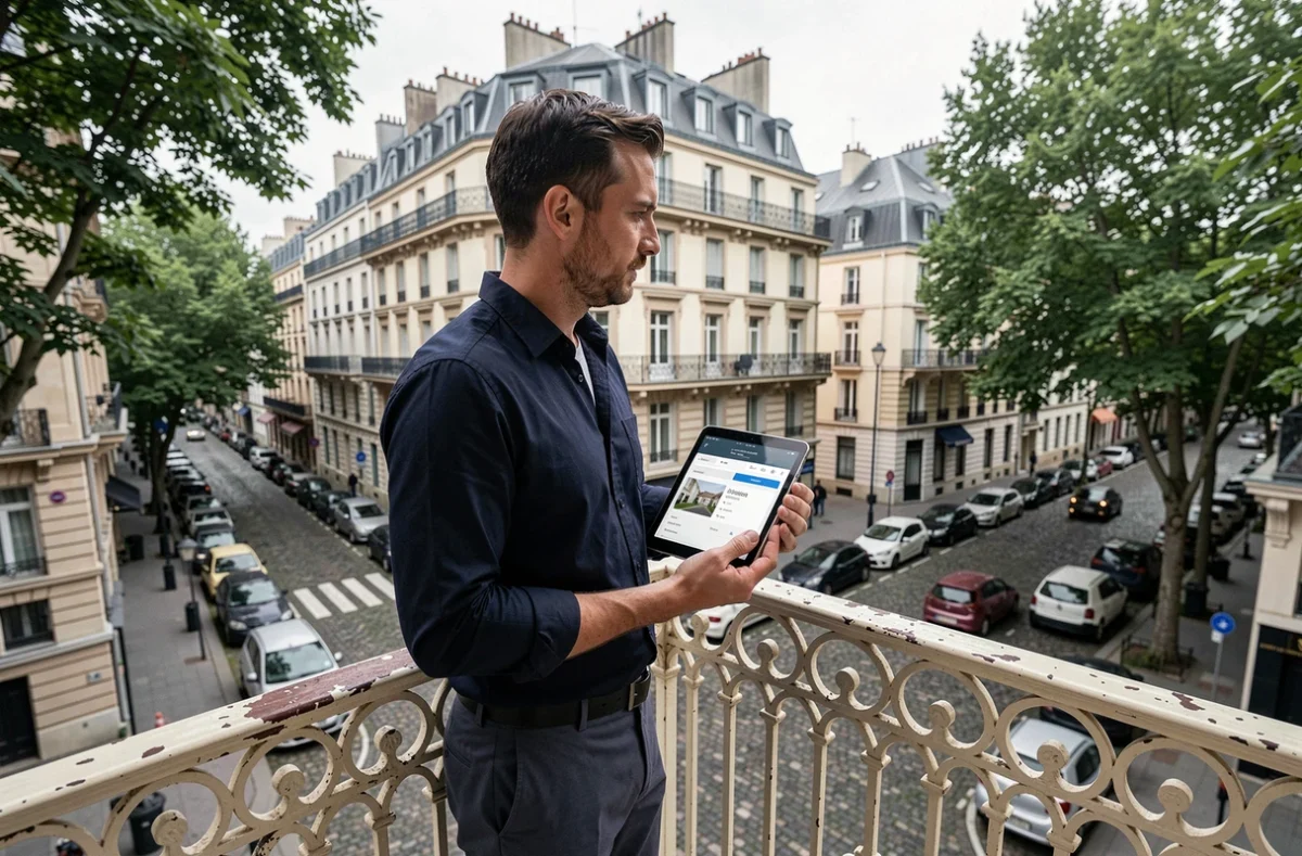 Propriétaire consultant une estimation de loyer sur tablette depuis le balcon de son immeuble en ville