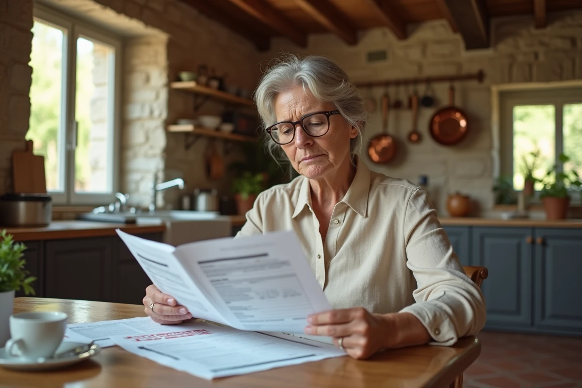 Femme analysant des documents de taxe foncière à une table de cuisine en pierre dans une maison ancienne