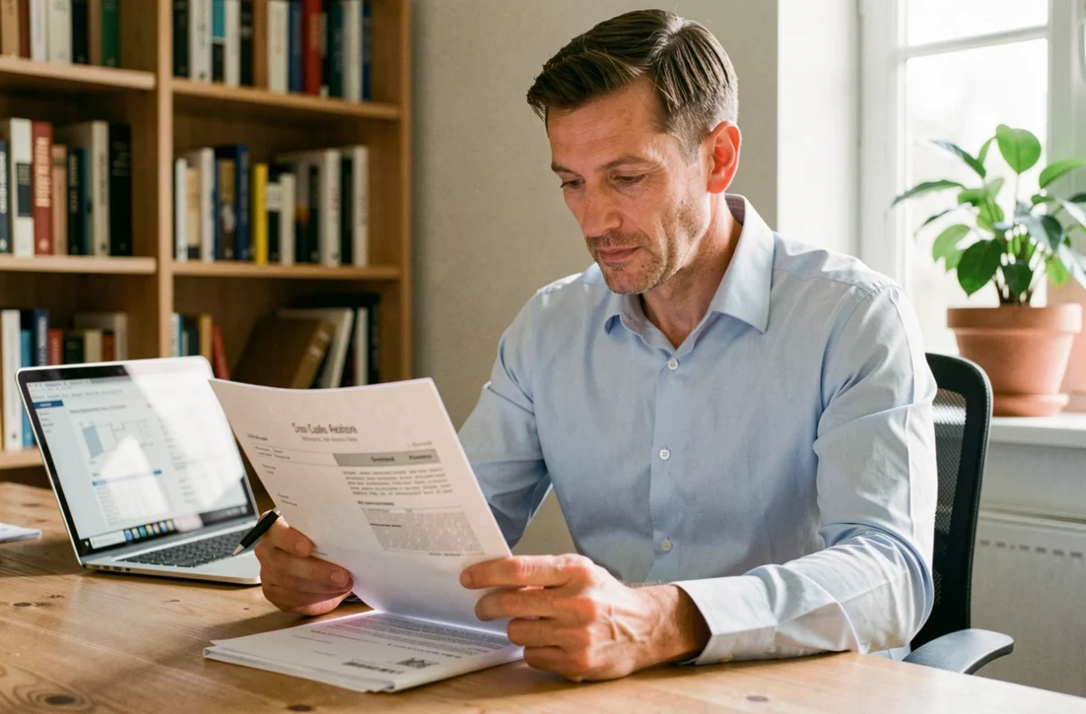 Propriétaire non occupant lisant un contrat d'assurance à son bureau à domicile