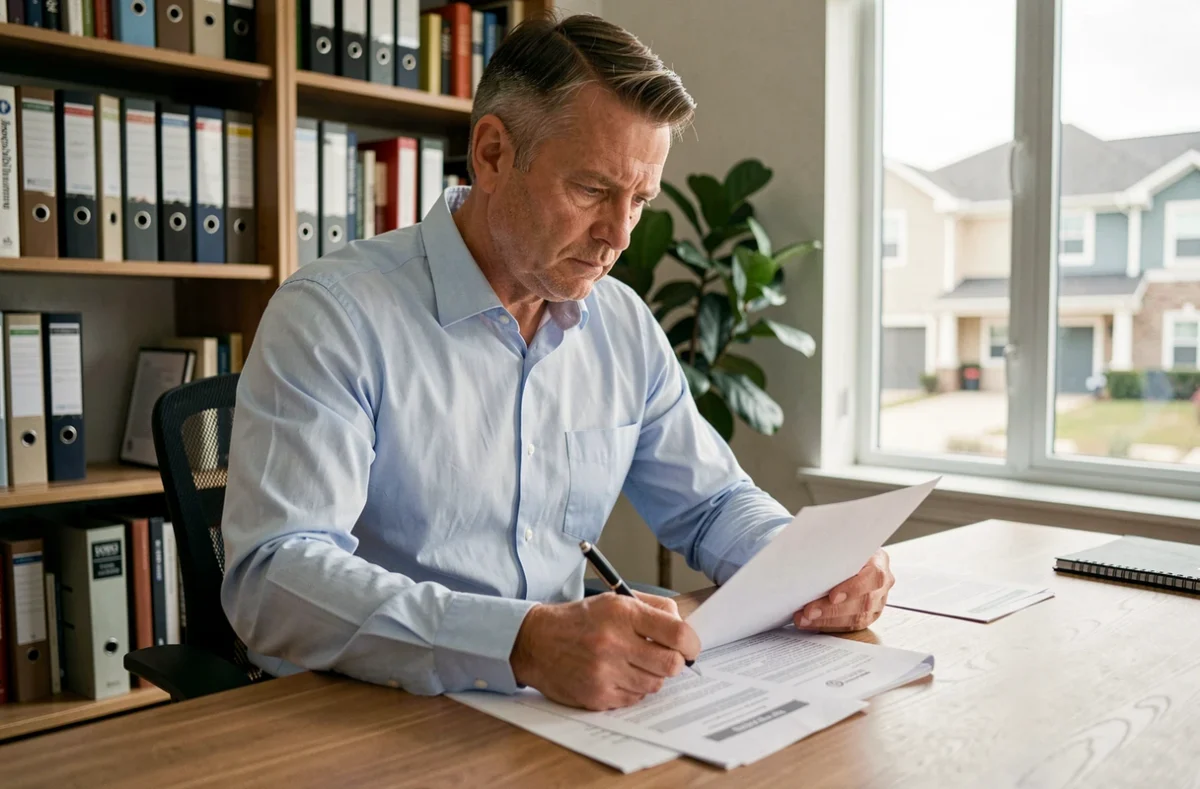 Propriétaire non occupant examinant son contrat d'assurance habitation à son bureau à domicile